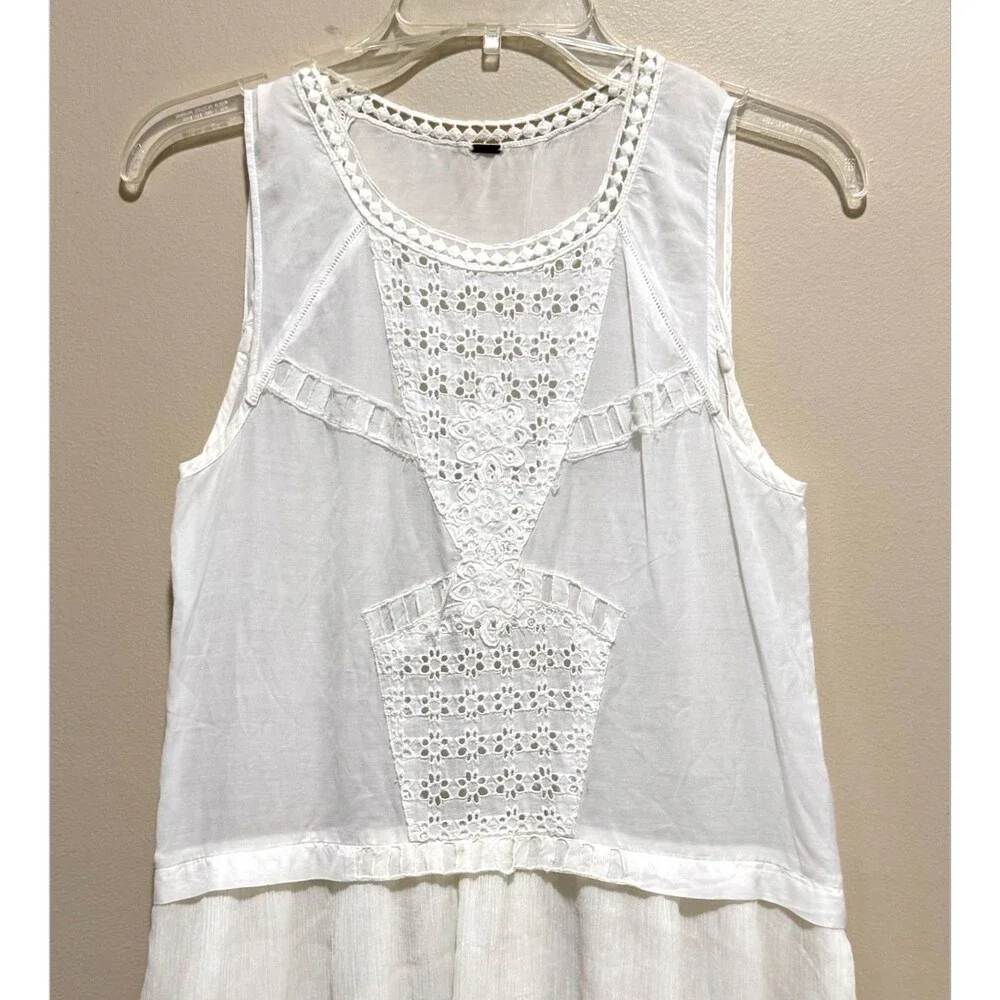 Free People Linen Crochet Lace Eyelet Peplum Cami White Boho Sheer Tank Blouse S